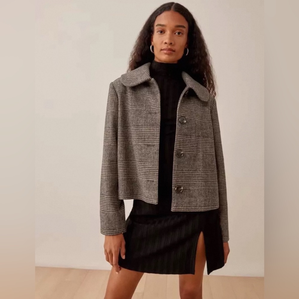 New Reformation Dillon Wool Jacket in Brown Plaid